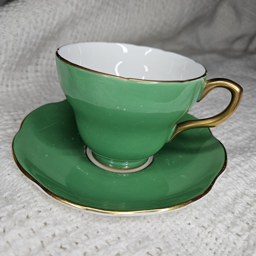 EB Foley Bone China Teacup and Saucer GREEN w/Gold Trim Vintage Made in England